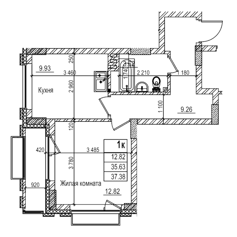 Планировка 1-к.кв 35.60 м² в ЖК «Чернышевский»