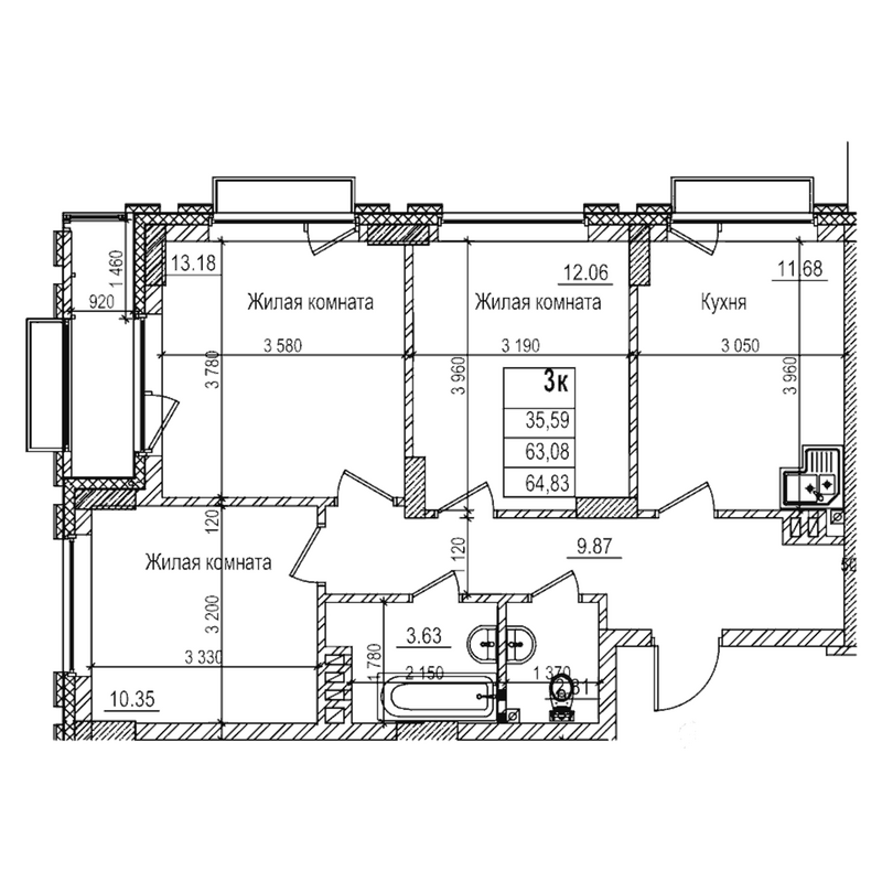 Планировка 3-к.кв 63.00 м² в ЖК «Чернышевский»