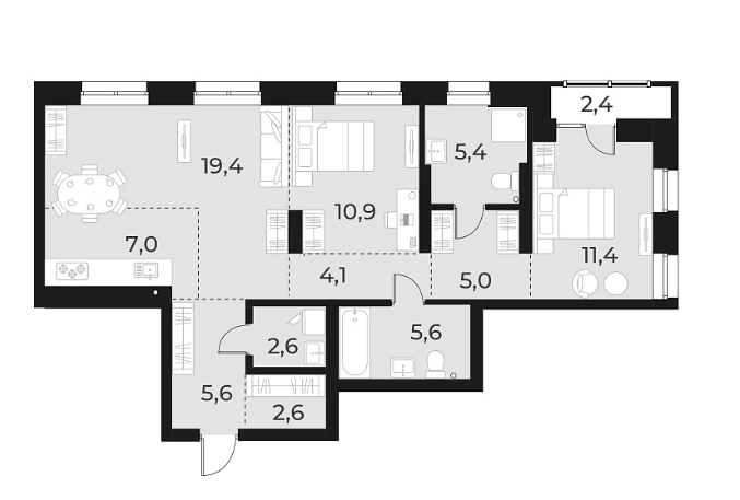 Планировка 3е-к.кв 79.60 м² в ЖК «Русское солнце»