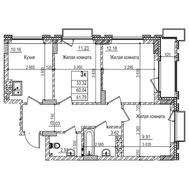 Планировка 3-к.кв 60.00 м² в ЖК «Чернышевский»