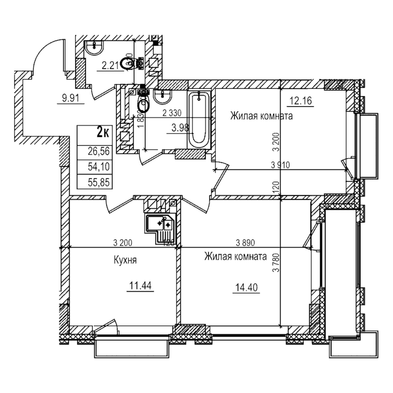 Планировка 2-к.кв 54.10 м² в ЖК «Чернышевский»