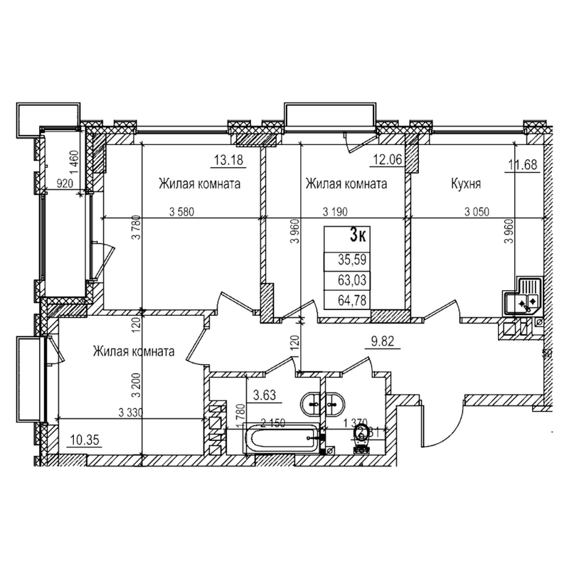 Планировка 3-к.кв 63.00 м² в ЖК «Чернышевский»