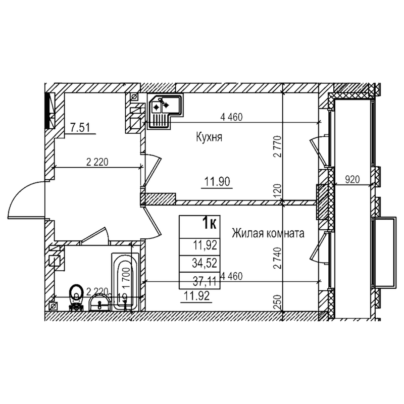 Планировка 1-к.кв 34.50 м² в ЖК «Чернышевский»