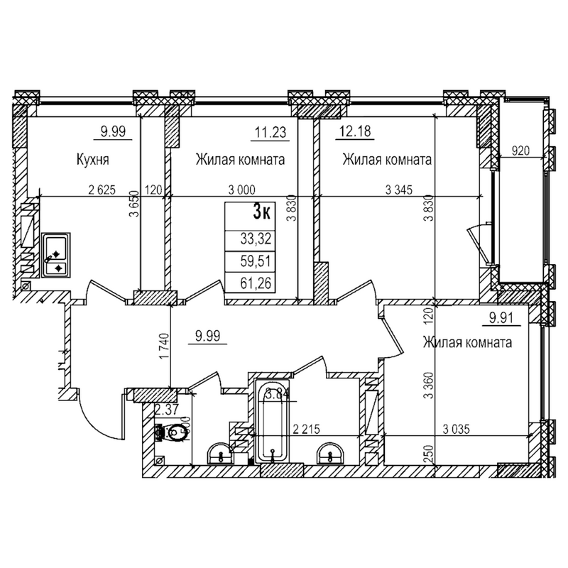 Планировка 3-к.кв 59.50 м² в ЖК «Чернышевский»