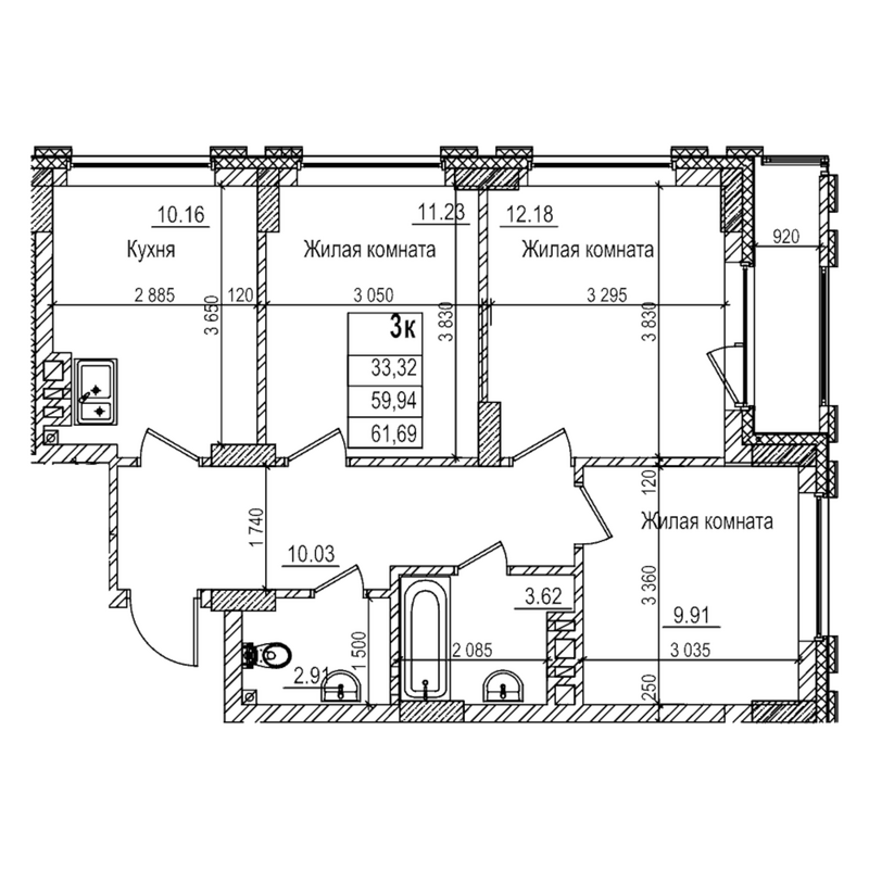 Планировка 3-к.кв 59.90 м² в ЖК «Чернышевский»