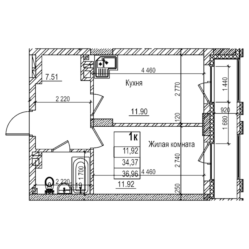 Планировка 1-к.кв 34.30 м² в ЖК «Чернышевский»