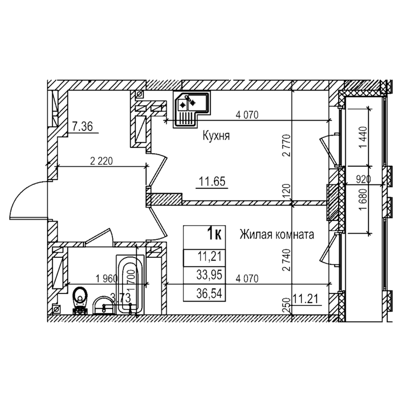 Планировка 1-к.кв 33.90 м² в ЖК «Чернышевский»