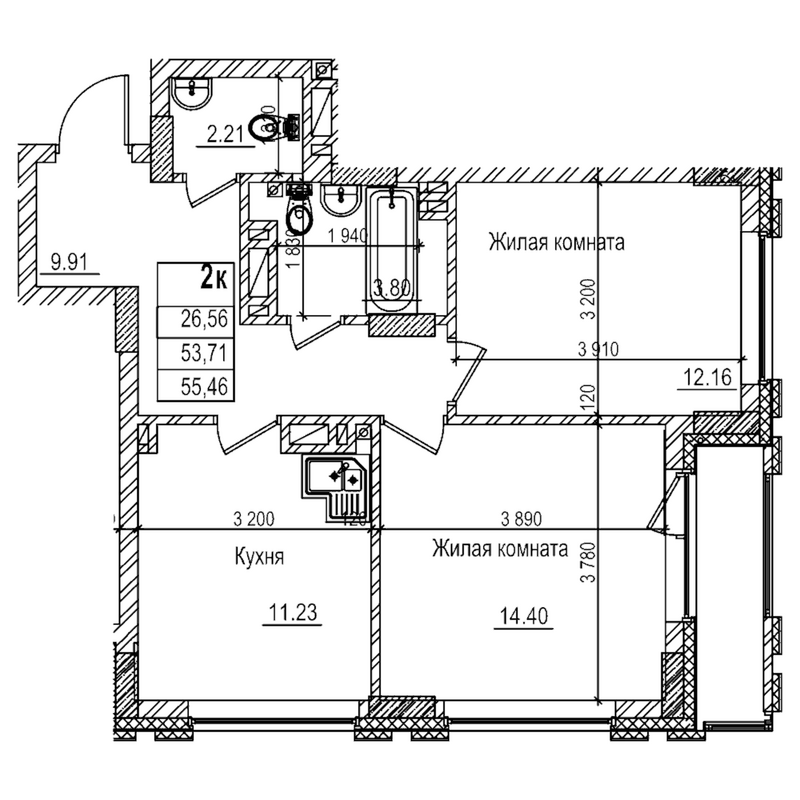 Планировка 2-к.кв 53.70 м² в ЖК «Чернышевский»