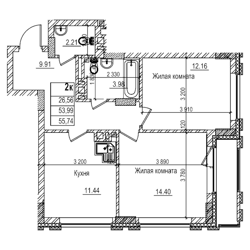 Планировка 2-к.кв 53.90 м² в ЖК «Чернышевский»
