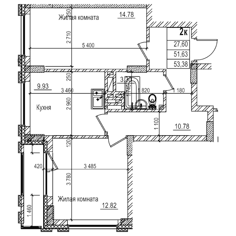 Планировка 2-к.кв 51.60 м² в ЖК «Чернышевский»