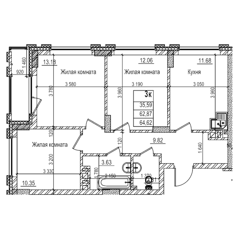 Планировка 3-к.кв 62.80 м² в ЖК «Чернышевский»