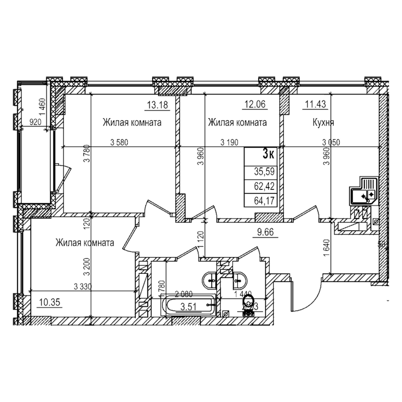 Планировка 3-к.кв 62.40 м² в ЖК «Чернышевский»