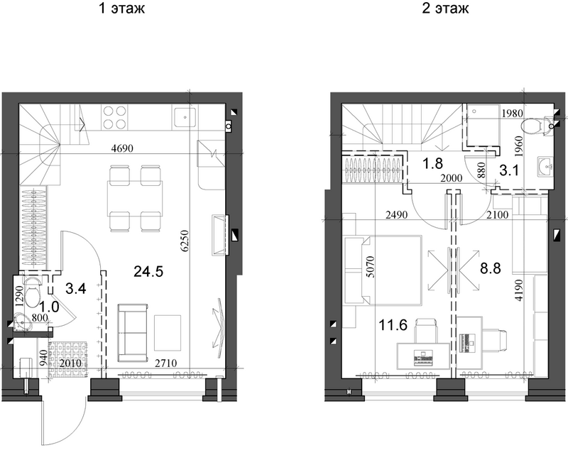 Планировка таунхаус 55.29 м² в ЖК «Коттеджный поселок Березки Элитный»