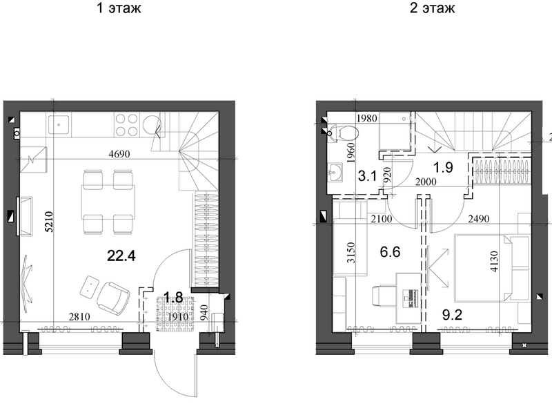 Планировка таунхаус 45.74 м² в ЖК «Коттеджный поселок Березки Элитный»