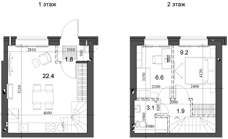 Планировка таунхаус 45.74 м² в ЖК «Коттеджный поселок Березки Элитный»