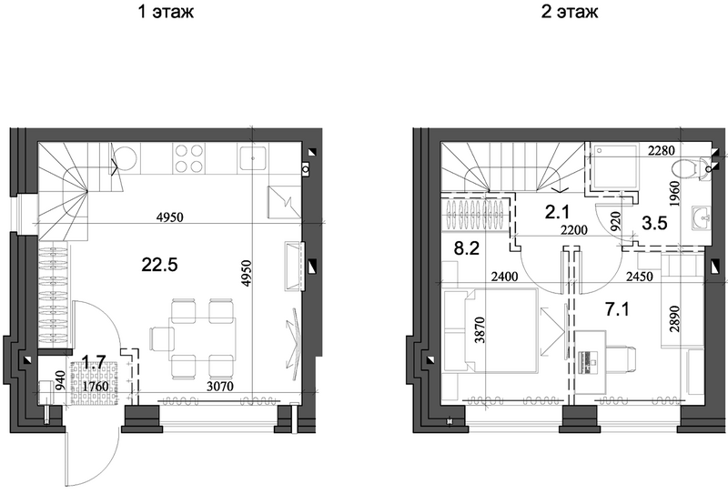 Планировка таунхаусы 45.85 м² в ЖК «Коттеджный поселок Березки Элитный»