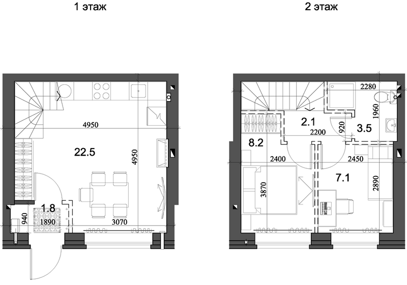 Планировка таунхаус 45.96 м² в ЖК «Коттеджный поселок Березки Элитный»