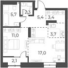 Планировка 2е-к.кв 48.50 м² в ЖК «Русское солнце»