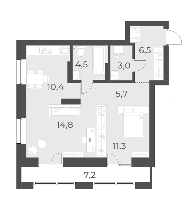 Планировка 2-к. квартира 56.20 м² в ЖК «Русское солнце»