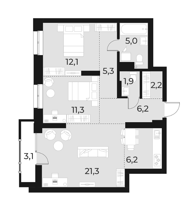Планировка 3е-к. квартира 71.50 м² в ЖК «Русское солнце»