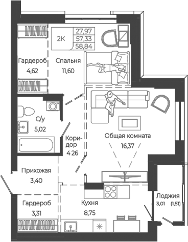 Планировка 2-к.кв 57.33 м² в ЖК «Маяковский-2. Барнаул»