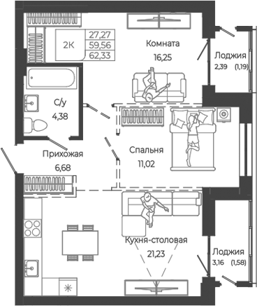 Планировка 2-к.кв 59.56 м² в ЖК «Маяковский-2. Барнаул»