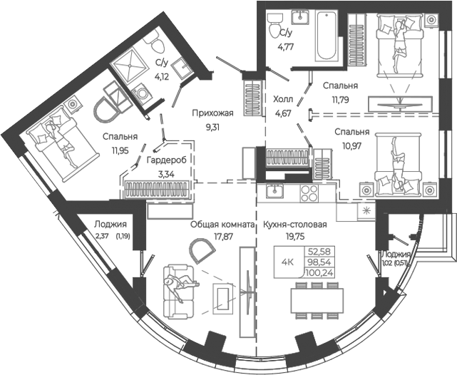 Планировка 4-к.кв 98.54 м² в ЖК «Маяковский-2. Барнаул»