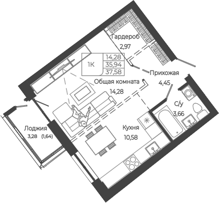 Планировка 1-к.кв 35.94 м² в ЖК «Маяковский-2. Барнаул»
