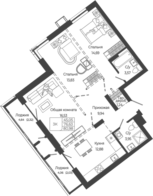 Планировка 3-к.кв 76.63 м² в ЖК «Маяковский-2. Барнаул»