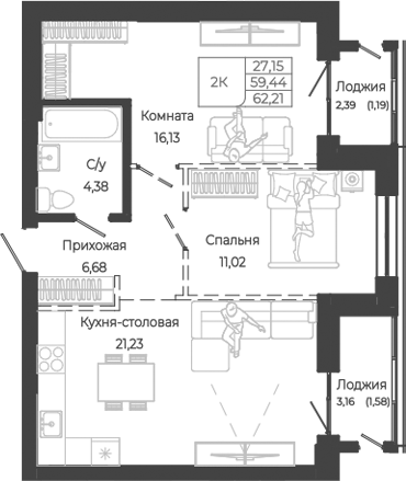 Планировка 2-к.кв 59.44 м² в ЖК «Маяковский-2. Барнаул»