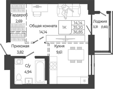 Планировка 1-к.кв 35.20 м² в ЖК «Маяковский-2. Барнаул»