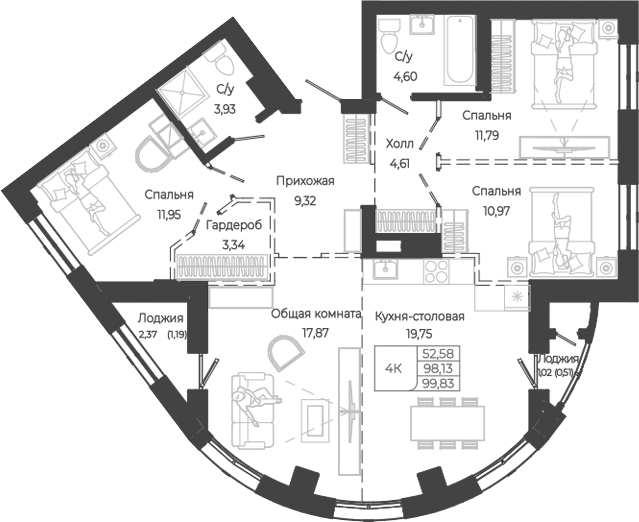 Планировка 4-к.кв 98.13 м² в ЖК «Маяковский-2. Барнаул»