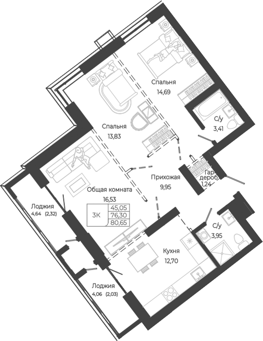 Планировка 3-к.кв 76.30 м² в ЖК «Маяковский-2. Барнаул»