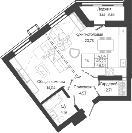 Планировка 1-к.кв 46.20 м² в ЖК «Маяковский-2. Барнаул»