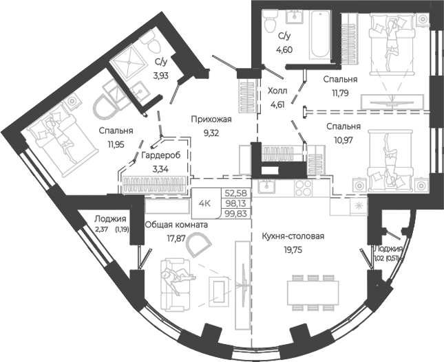 Планировка 4-к.кв 98.13 м² в ЖК «Маяковский-2. Барнаул»