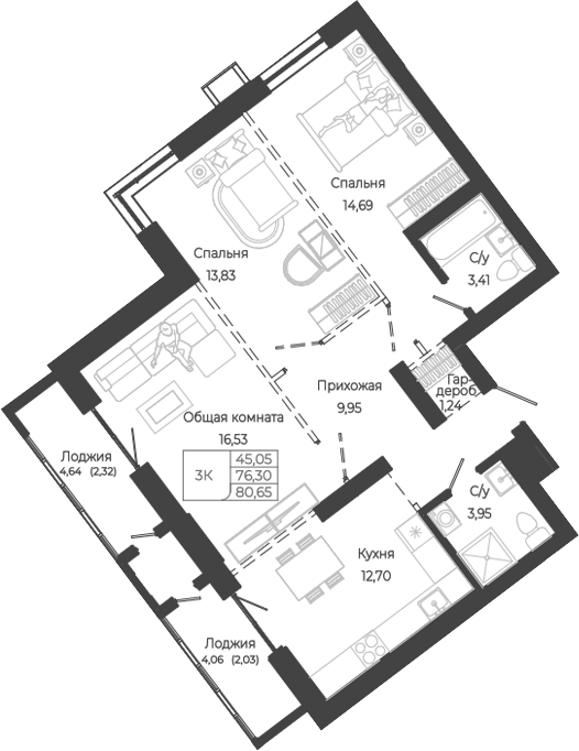 Планировка 3-к.кв 76.30 м² в ЖК «Маяковский-2. Барнаул»