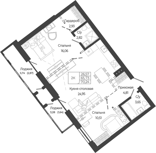 Планировка 2-к.кв 65.73 м² в ЖК «Маяковский-2. Барнаул»