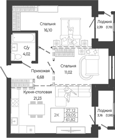 Планировка 2-к.кв 59.05 м² в ЖК «Маяковский-2. Барнаул»