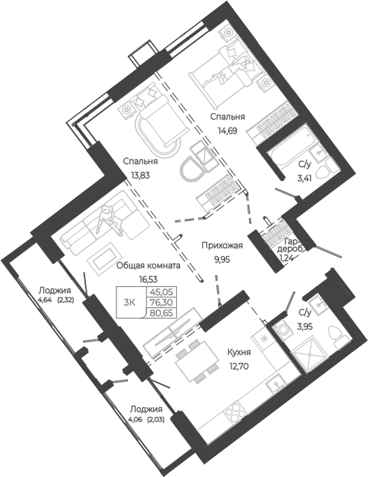 Планировка 3-к.кв 76.30 м² в ЖК «Маяковский-2. Барнаул»