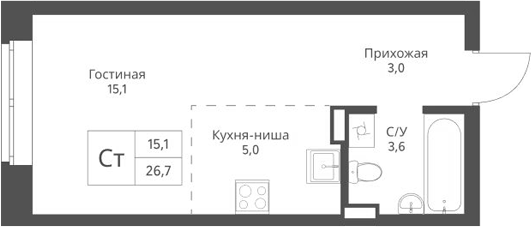 Планировка студии 26.70 м² в ЖК «Экоград 12 дворов»