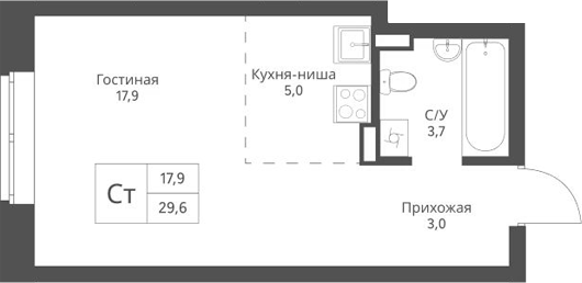 Планировка студии 29.60 м² в ЖК «Экоград 12 дворов»