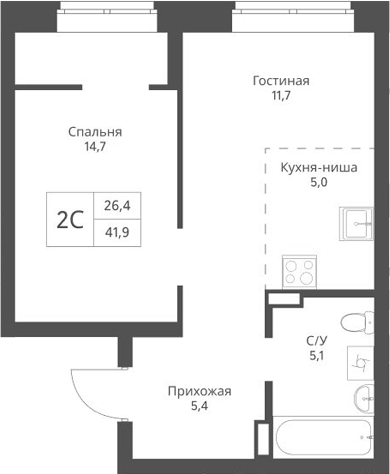 Планировка 2е-к.кв 41.90 м² в ЖК «Экоград 12 дворов»