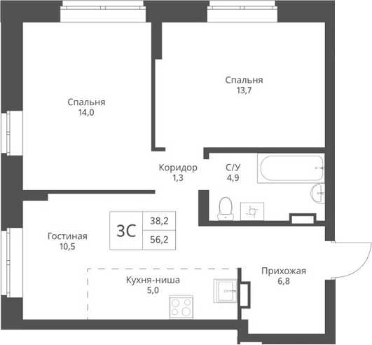 Планировка 3е-к.кв 56.20 м² в ЖК «Экоград 12 дворов»