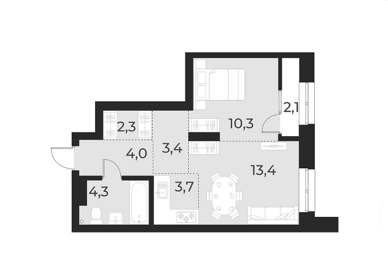 Планировка 2е-к. квартира 41.40 м² в ЖК «Русское солнце»