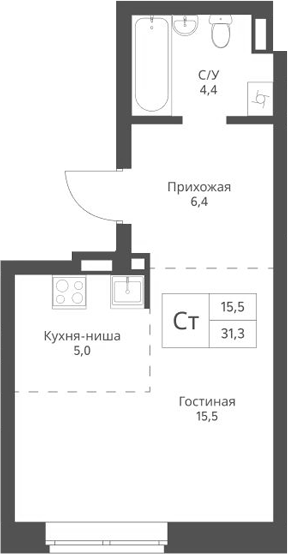 Планировка студии 31.30 м² в ЖК «Экоград 12 дворов»