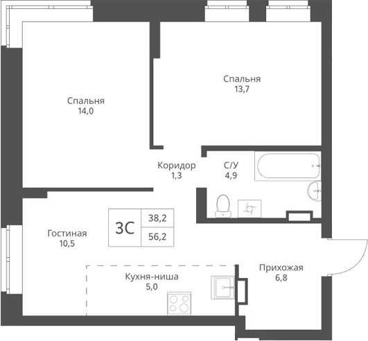Планировка 3е-к.кв 56.20 м² в ЖК «Экоград 12 дворов»
