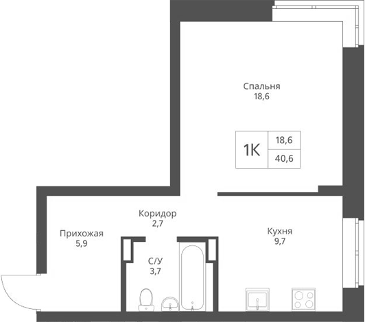 Планировка 1-к.кв 40.60 м² в ЖК «Экоград 12 дворов»