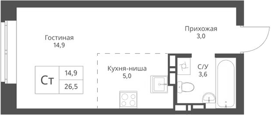 Планировка студии 26.50 м² в ЖК «Экоград 12 дворов»
