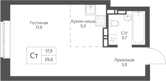 Планировка студии 29.60 м² в ЖК «Экоград 12 дворов»