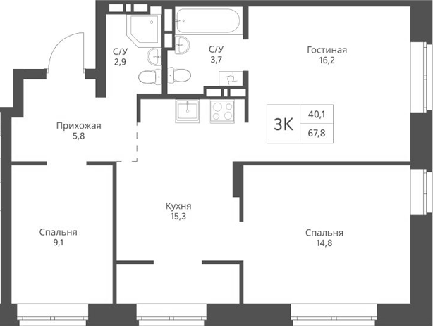 Планировка 3-к.кв 67.80 м² в ЖК «Экоград 12 дворов»
